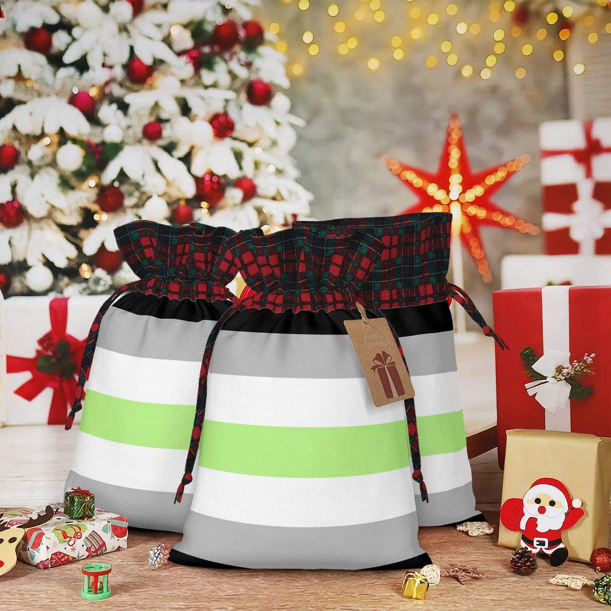 Agender Pride Flag Plaid Linen Drawstring Gift Bag - Multiple Sizes