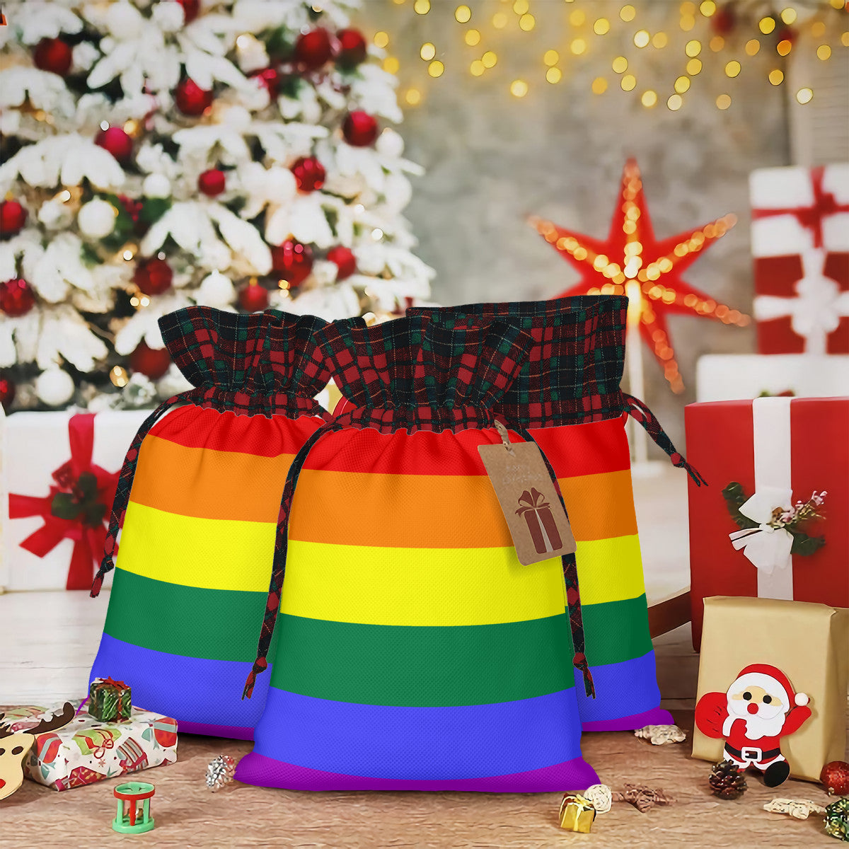 Rainbow Pride Flag Plaid Linen Drawstring Gift Bag - Multiple Sizes