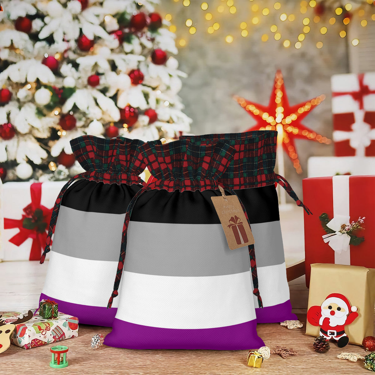 Asexual Pride Flag Plaid Linen Drawstring Gift Bag - Multiple Sizes