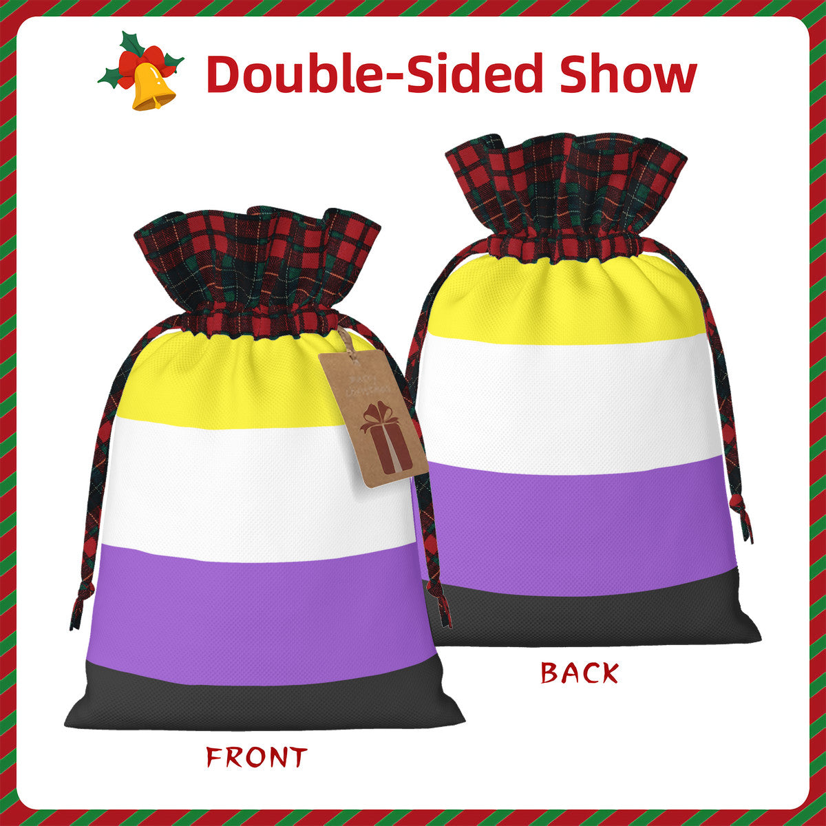Non-Binary Pride Flag Plaid Linen Drawstring Gift Bag - Multiple Sizes