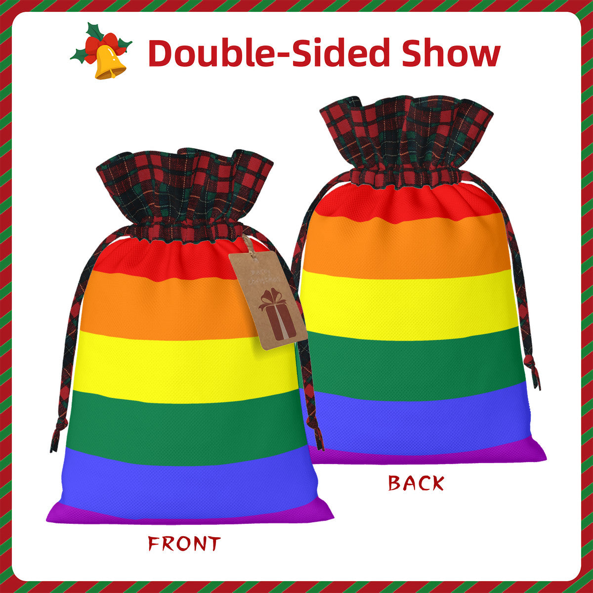 Rainbow Pride Flag Plaid Linen Drawstring Gift Bag - Multiple Sizes