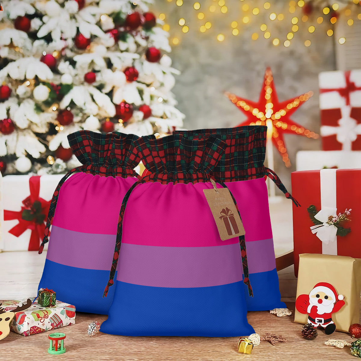 Bisexual Pride Flag Plaid Linen Drawstring Gift Bag - Multiple Sizes