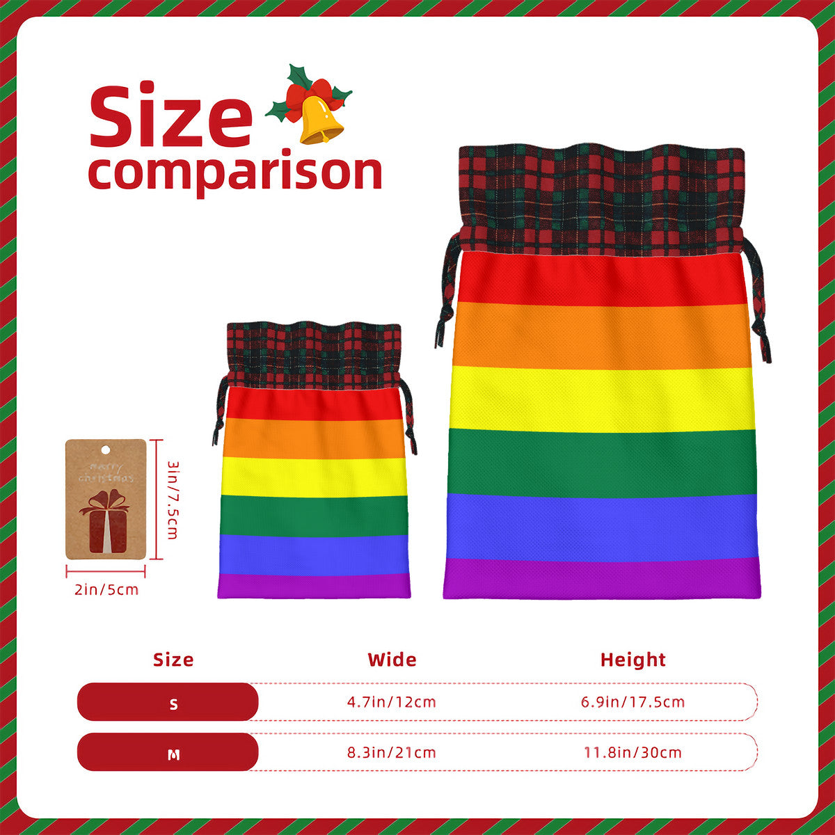 Rainbow Pride Flag Plaid Linen Drawstring Gift Bag - Multiple Sizes