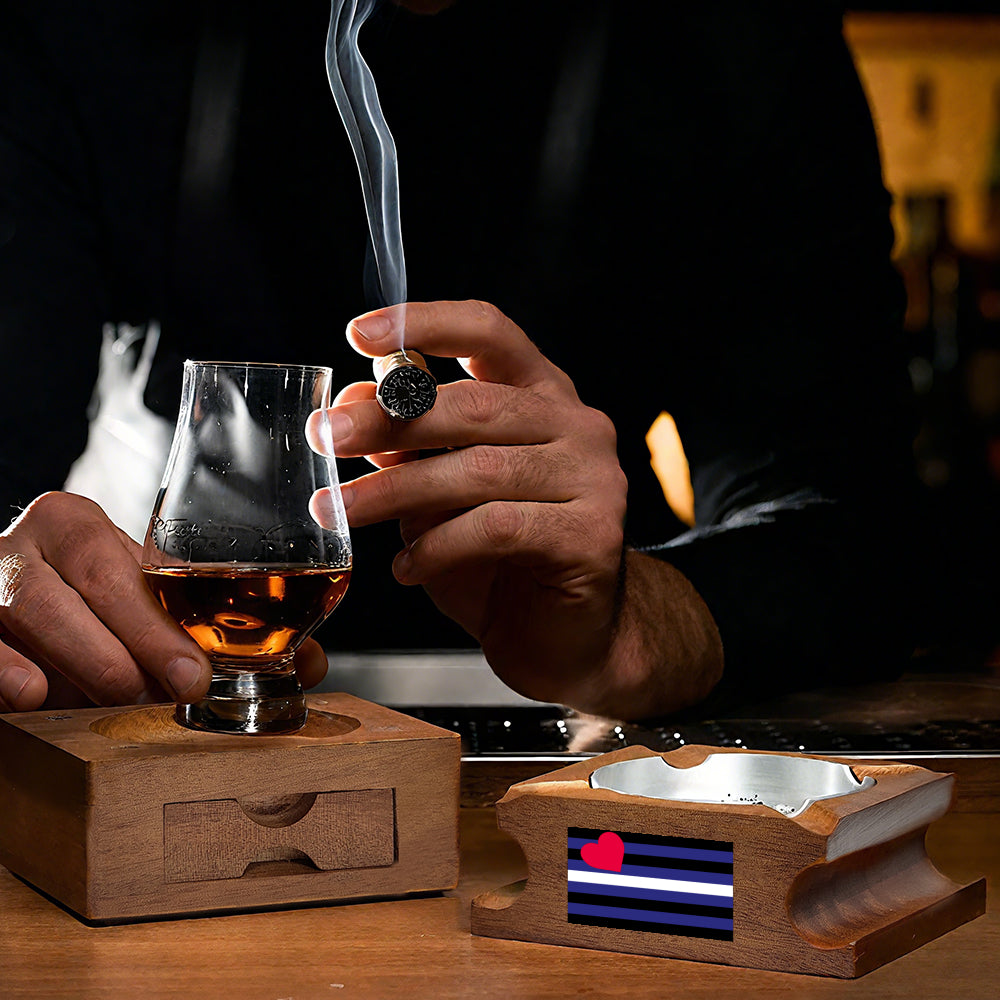 Wooden Whiskey Glass Holder & Cigar Tray-1 Side Engraved