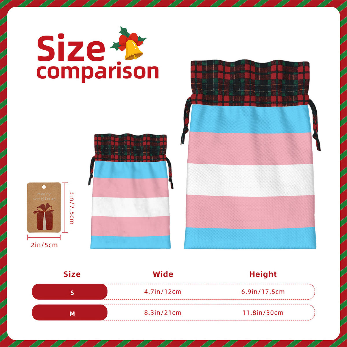 Transgender Pride Flag Plaid Linen Drawstring Gift Bag - Multiple Sizes