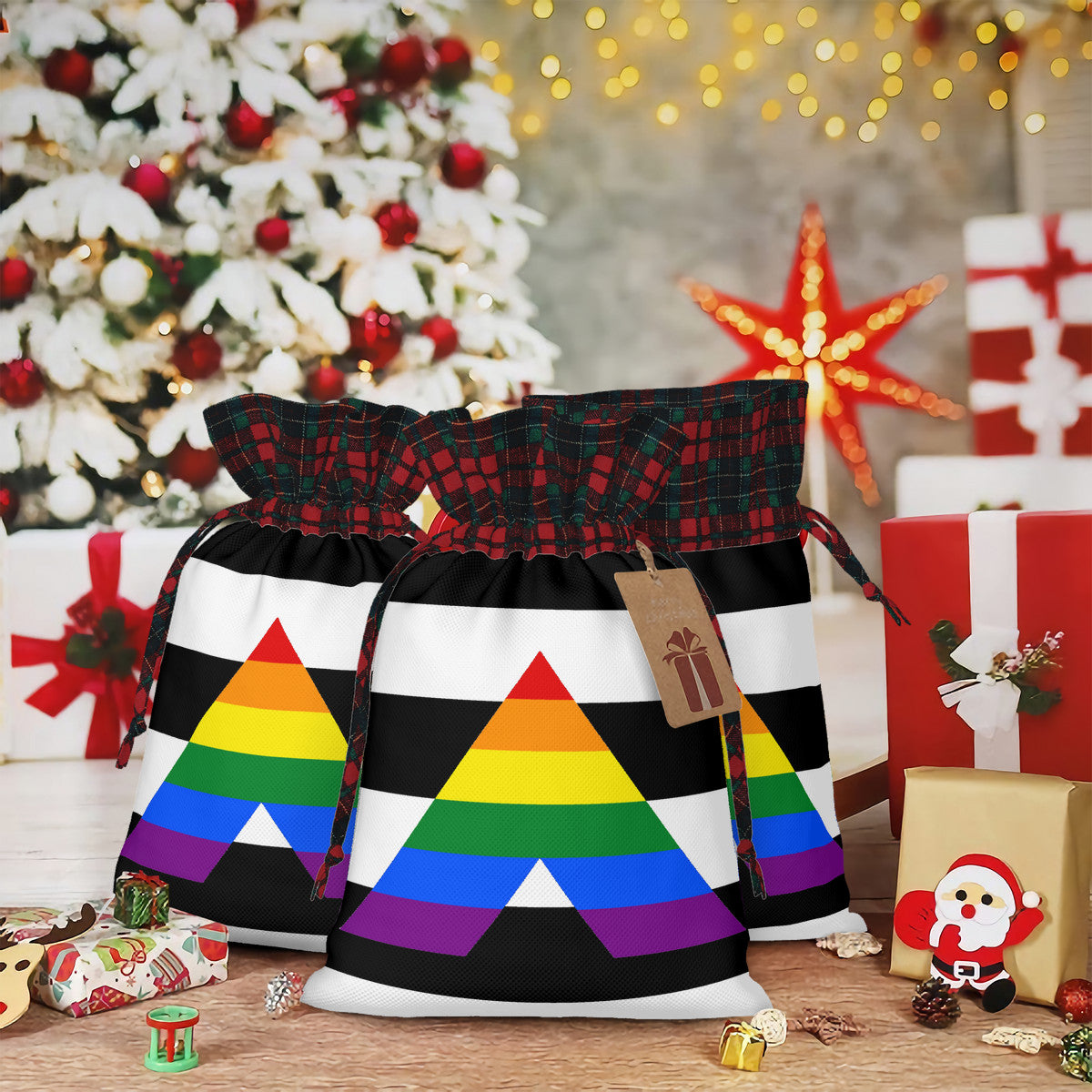 Straight Ally Pride Flag Plaid Linen Drawstring Gift Bag - Multiple Sizes
