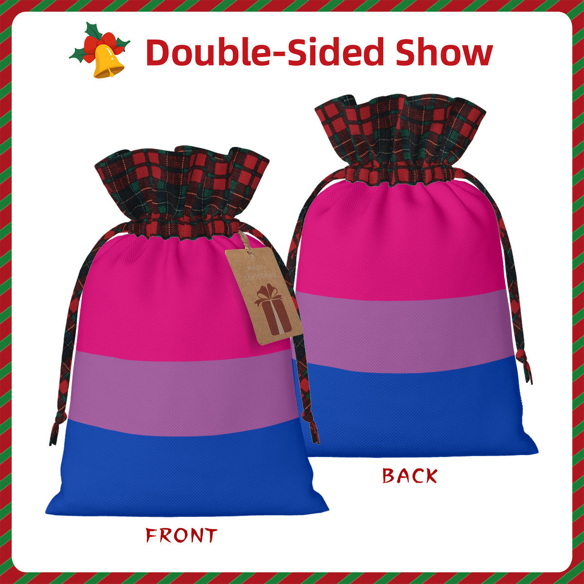Bisexual Pride Flag Plaid Linen Drawstring Gift Bag - Multiple Sizes
