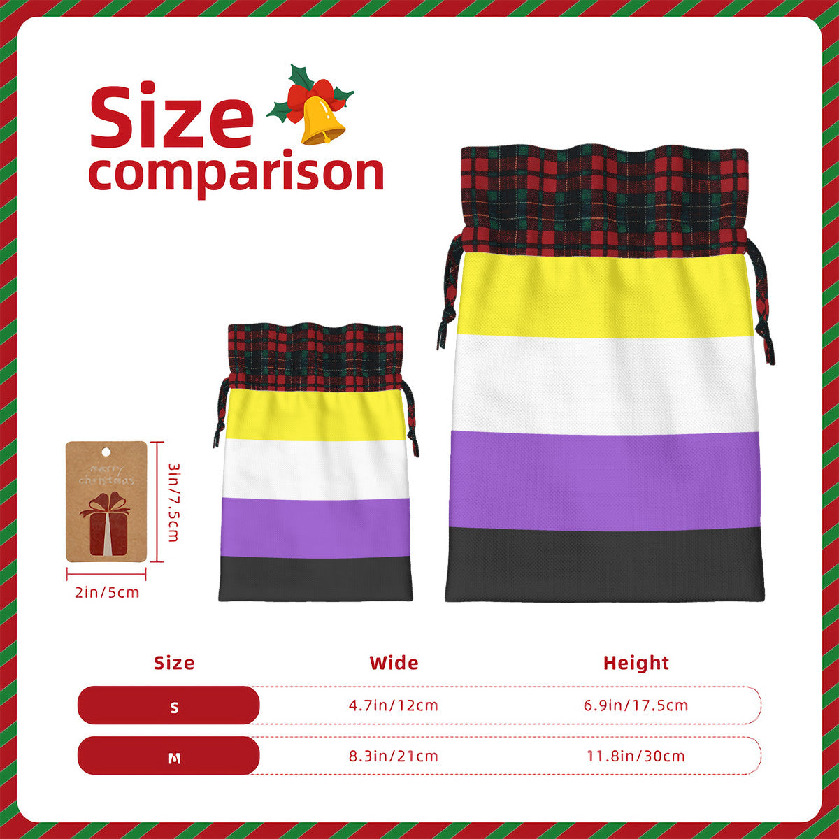 Non-Binary Pride Flag Plaid Linen Drawstring Gift Bag - Multiple Sizes
