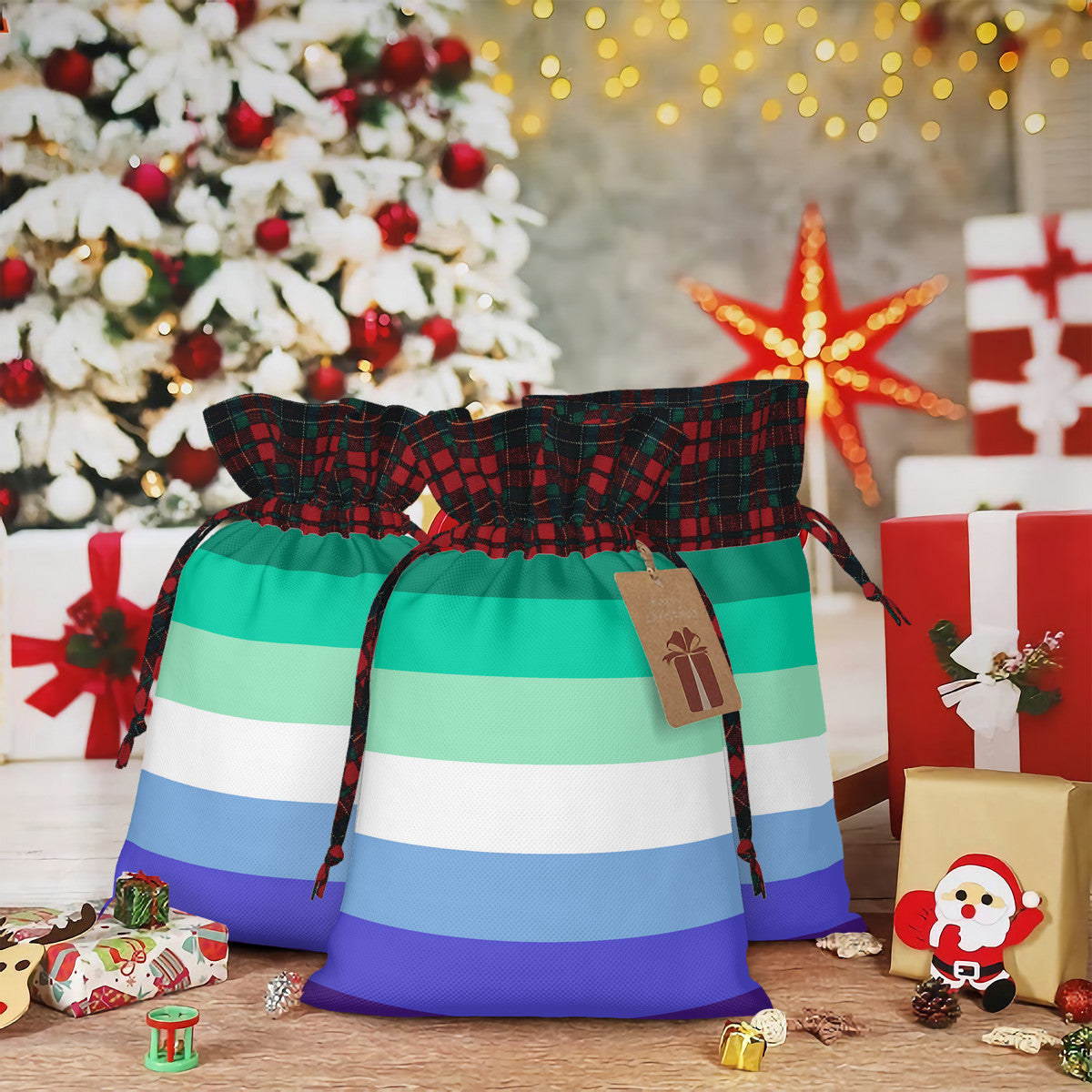MLM Pride Flag Plaid Linen Drawstring Gift Bag - Multiple Sizes