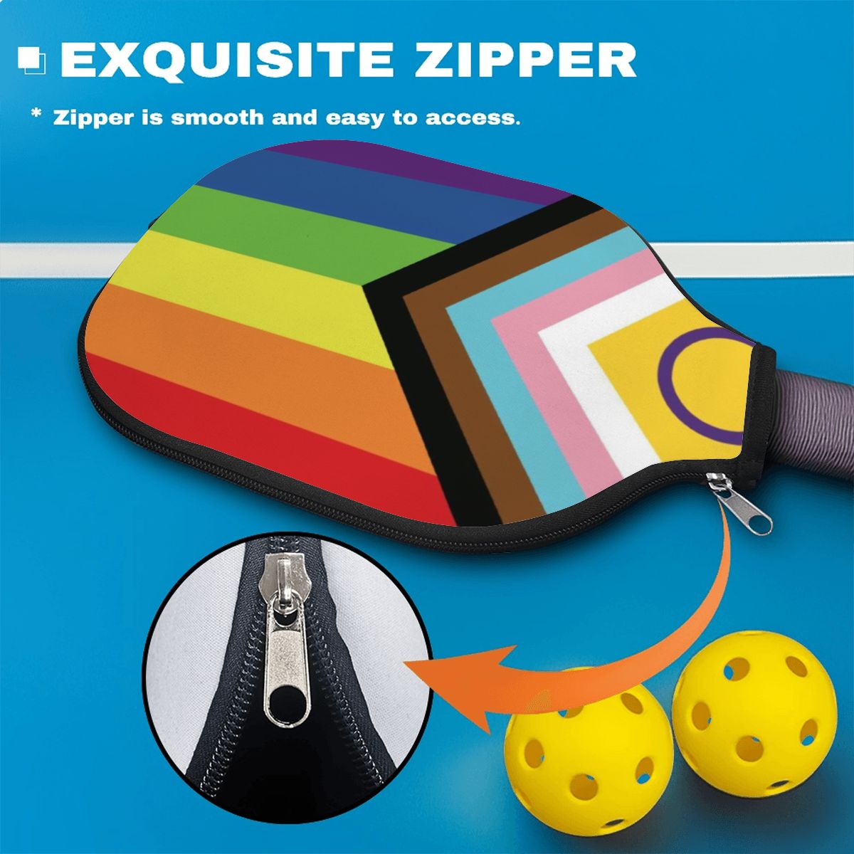 Inclusive Progress Pride Flag Pickleball Paddle Cover