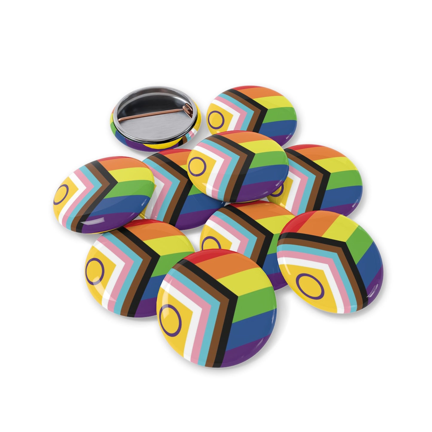 Inclusive Progress Pride Flag Round Pins - Multiple Sizes