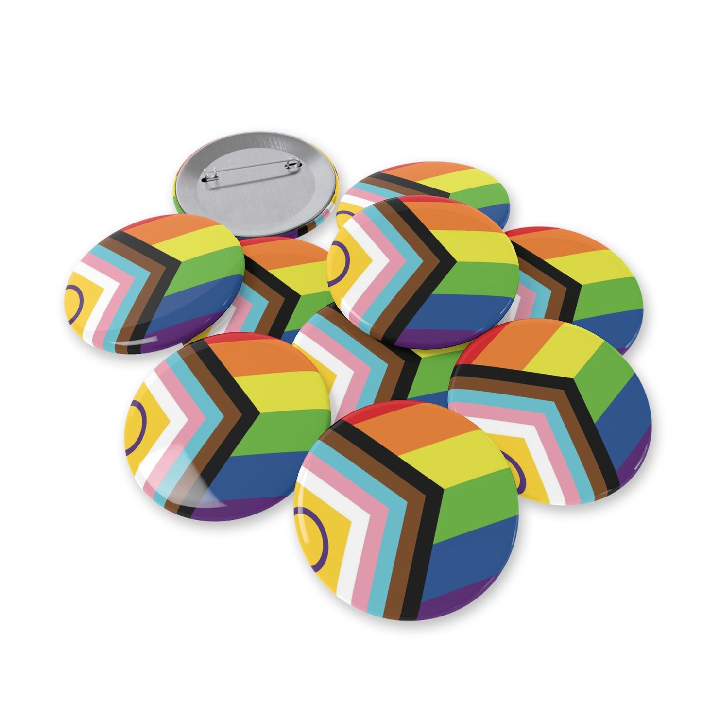 Inclusive Progress Pride Flag Round Pins - Multiple Sizes