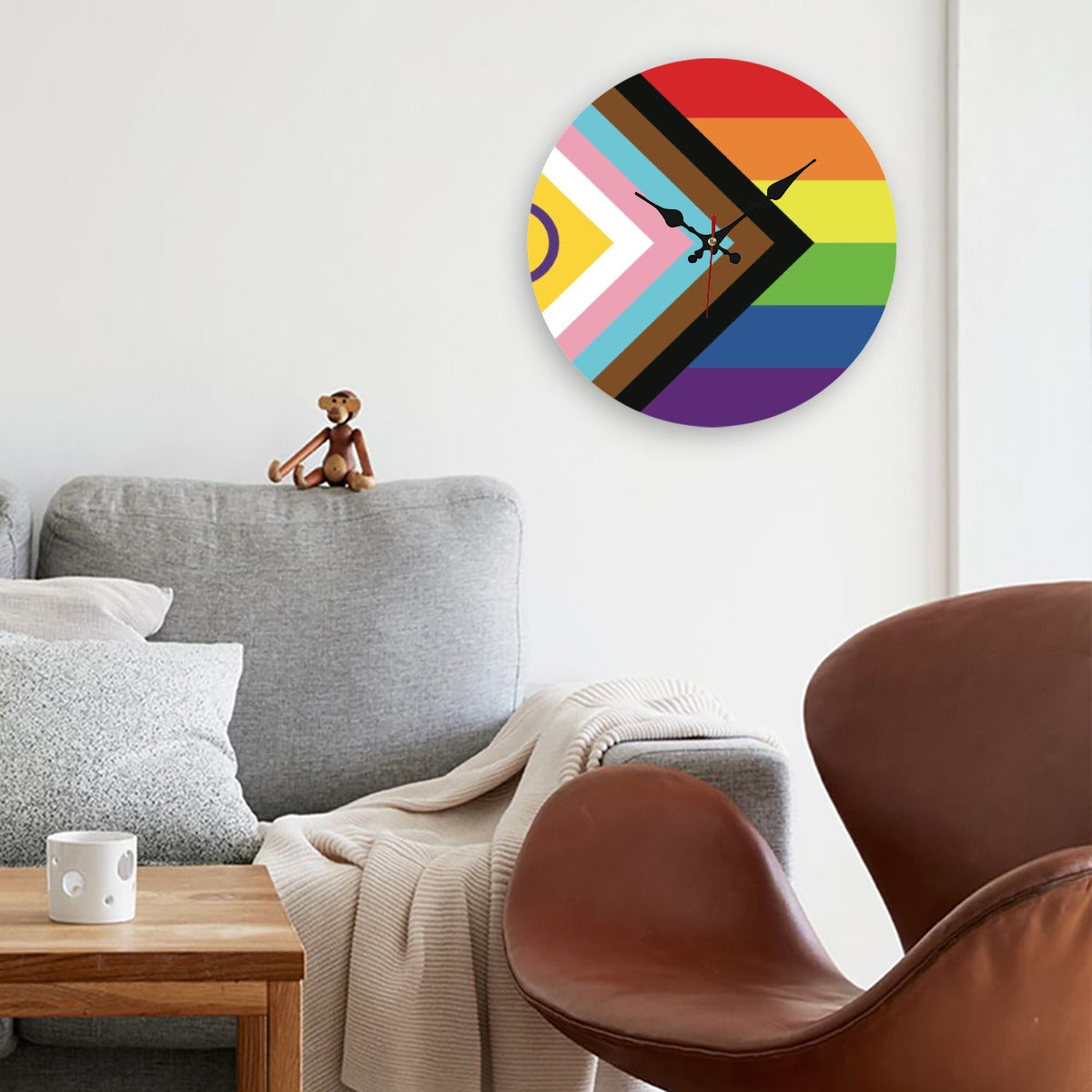 Inclusive Progress Pride Flag Wooden Wall Clock