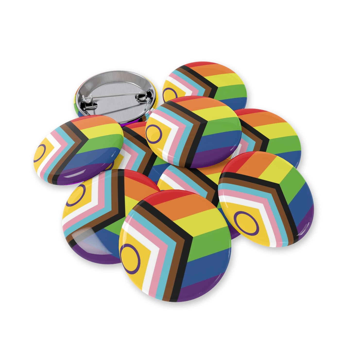 Inclusive Progress Pride Flag Round Pins - Multiple Sizes