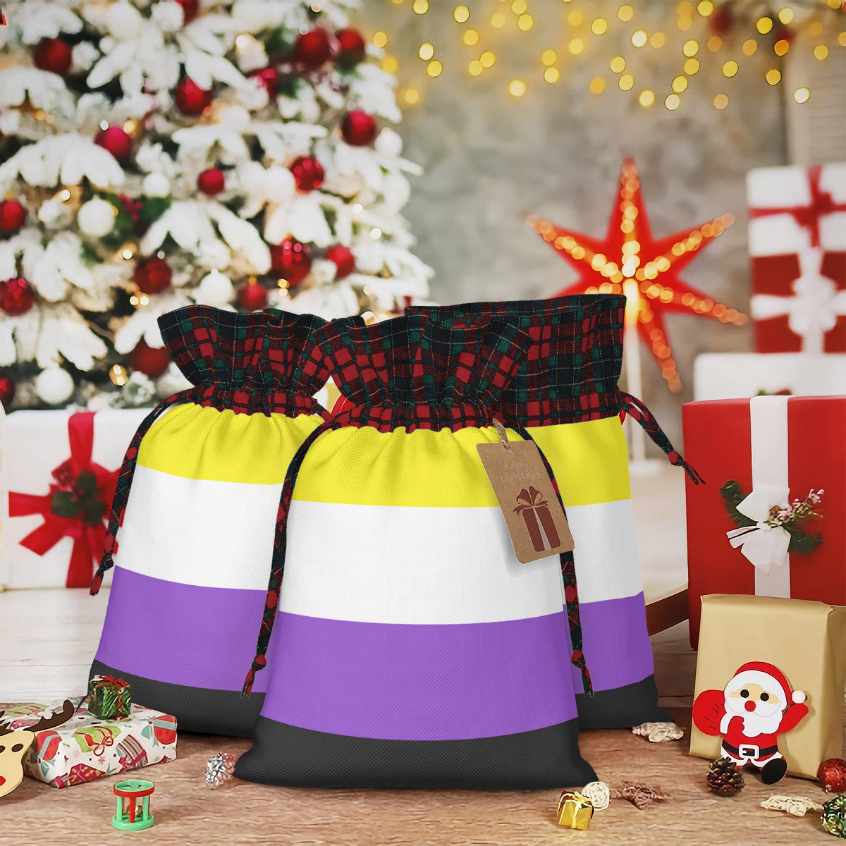 Non-Binary Pride Flag Plaid Linen Drawstring Gift Bag - Multiple Sizes
