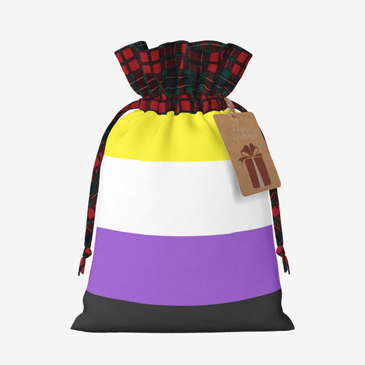 Non-Binary Pride Flag Plaid Linen Drawstring Gift Bag - Multiple Sizes