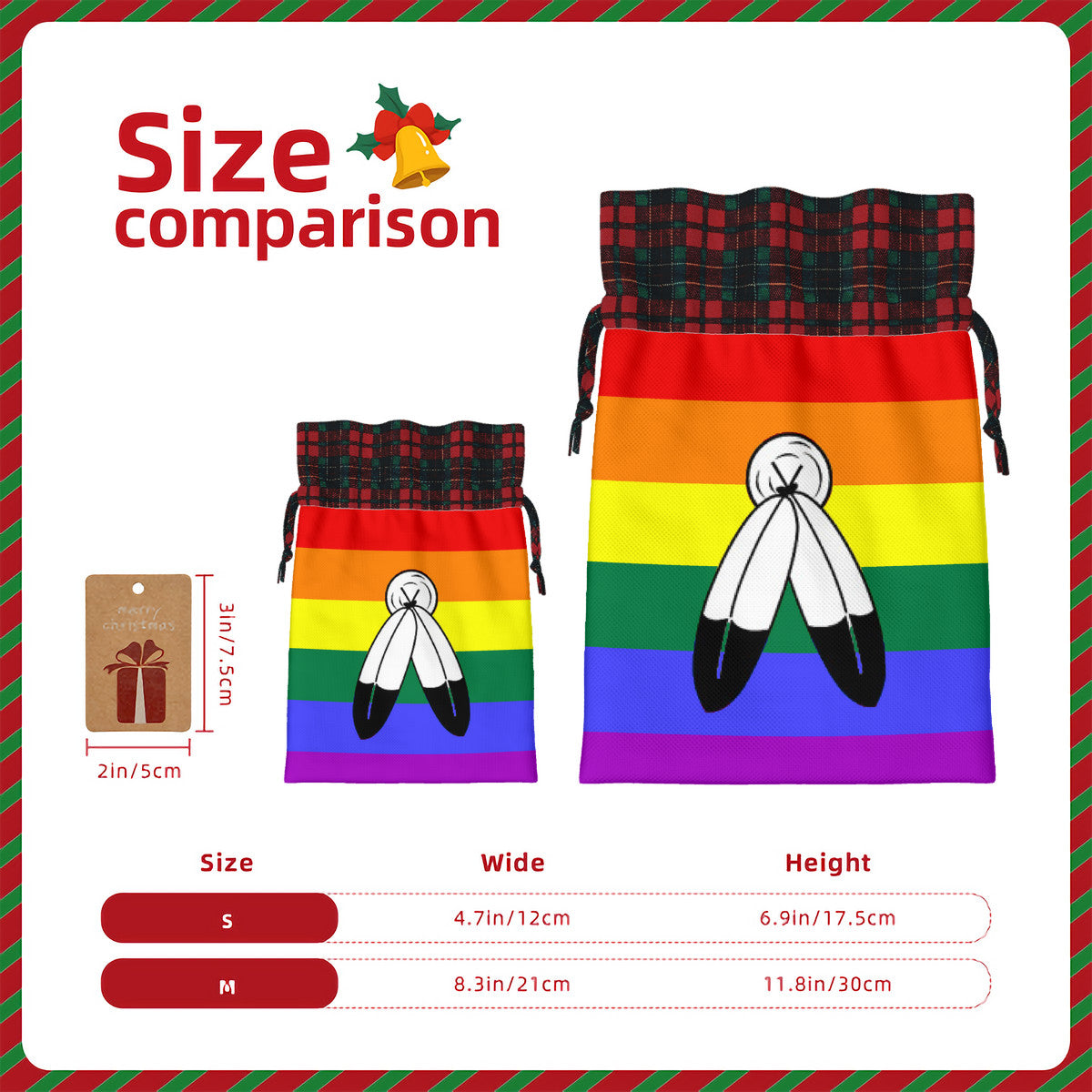 Two-Spirit Pride Flag Plaid Linen Drawstring Gift Bag - Multiple Sizes