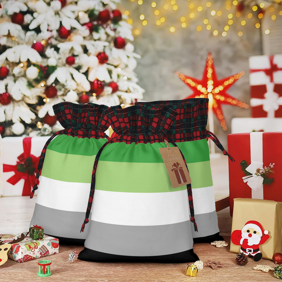 Aromantic Pride Flag Plaid Linen Drawstring Gift Bag - Multiple Sizes