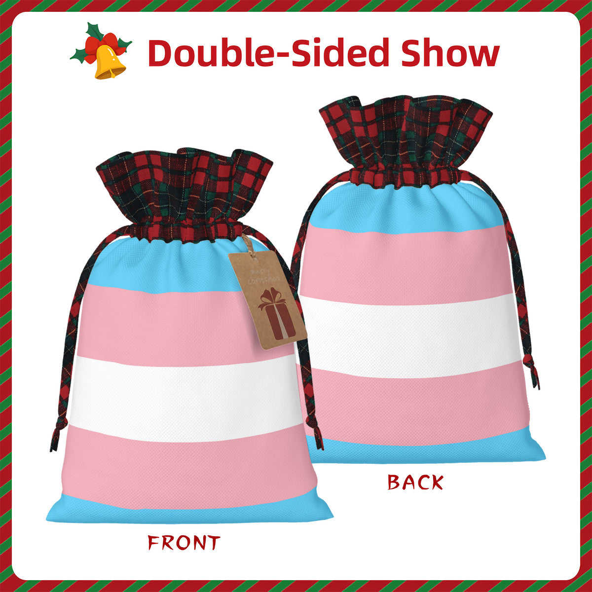 Transgender Pride Flag Plaid Linen Drawstring Gift Bag - Multiple Sizes