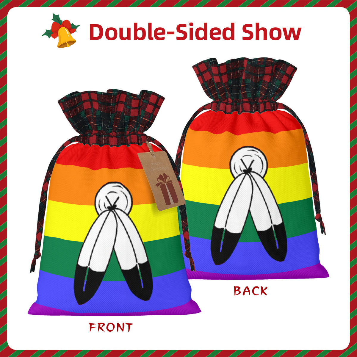 Two-Spirit Pride Flag Plaid Linen Drawstring Gift Bag - Multiple Sizes