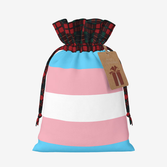 Transgender Pride Flag Plaid Linen Drawstring Gift Bag - Multiple Sizes