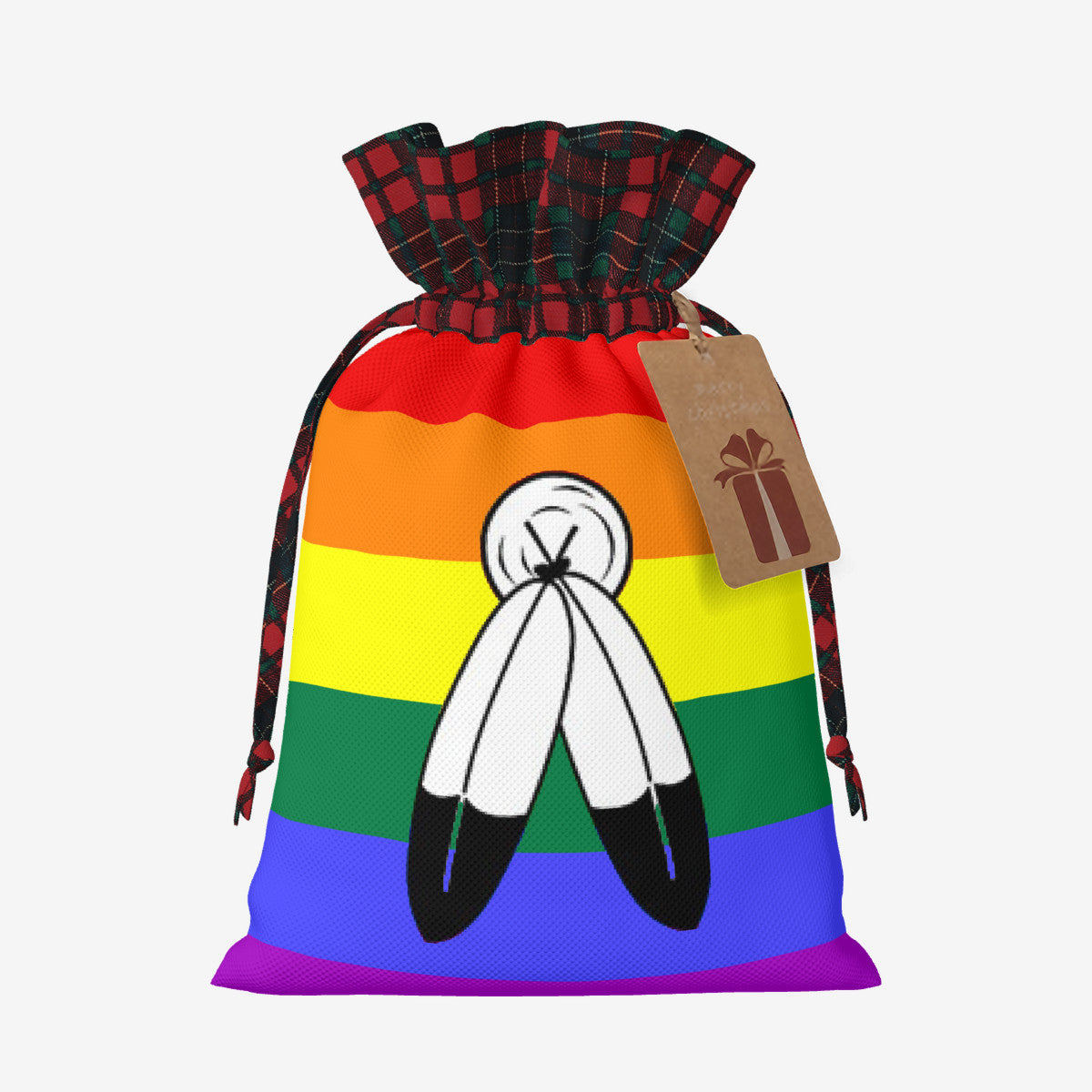 Two-Spirit Pride Flag Plaid Linen Drawstring Gift Bag - Multiple Sizes