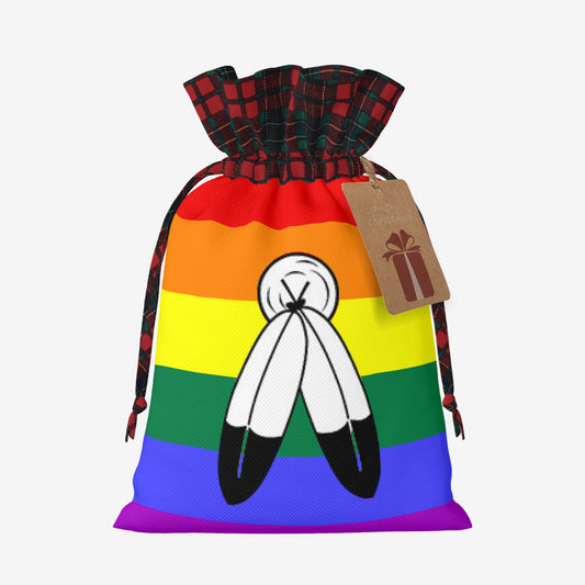 Two-Spirit Pride Flag Plaid Linen Drawstring Gift Bag - Multiple Sizes