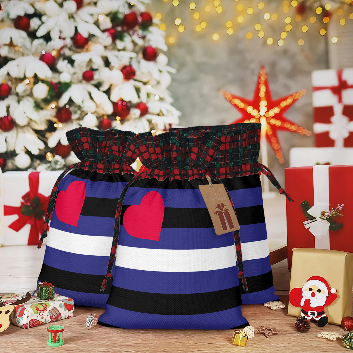 Leather Pride Flag Plaid Linen Drawstring Gift Bag - Multiple Sizes