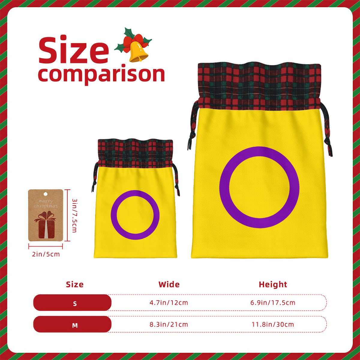 Intersex Pride Flag Plaid Linen Drawstring Gift Bag - Multiple Sizes