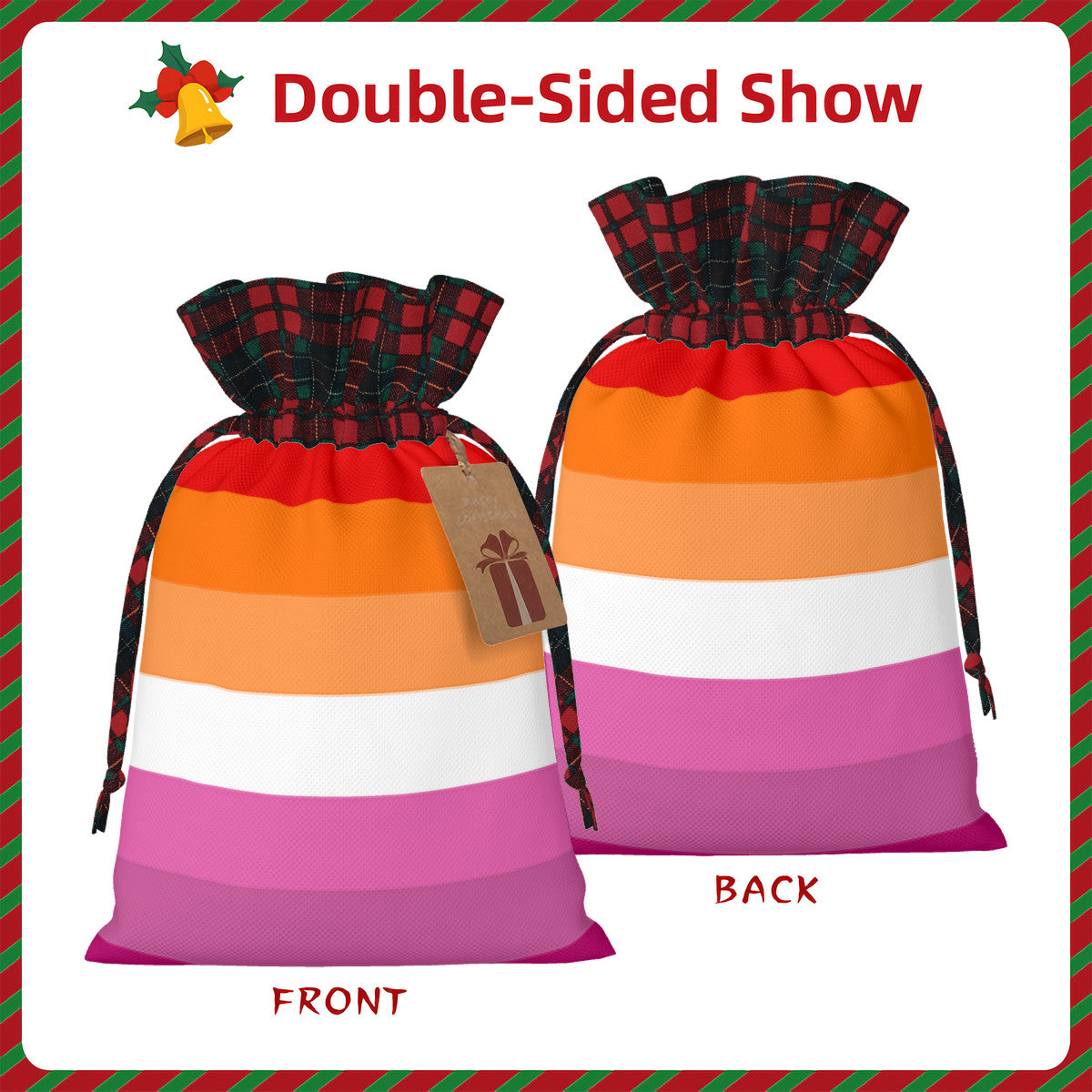 Lesbian Pride Flag Plaid Linen Drawstring Gift Bag - Multiple Sizes