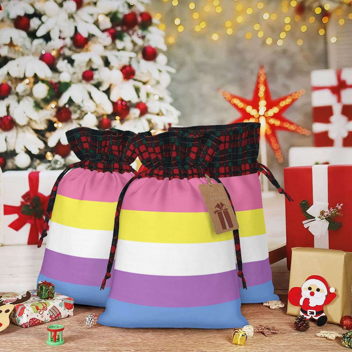 Bigender Pride Flag Plaid Linen Drawstring Gift Bag - Multiple Sizes