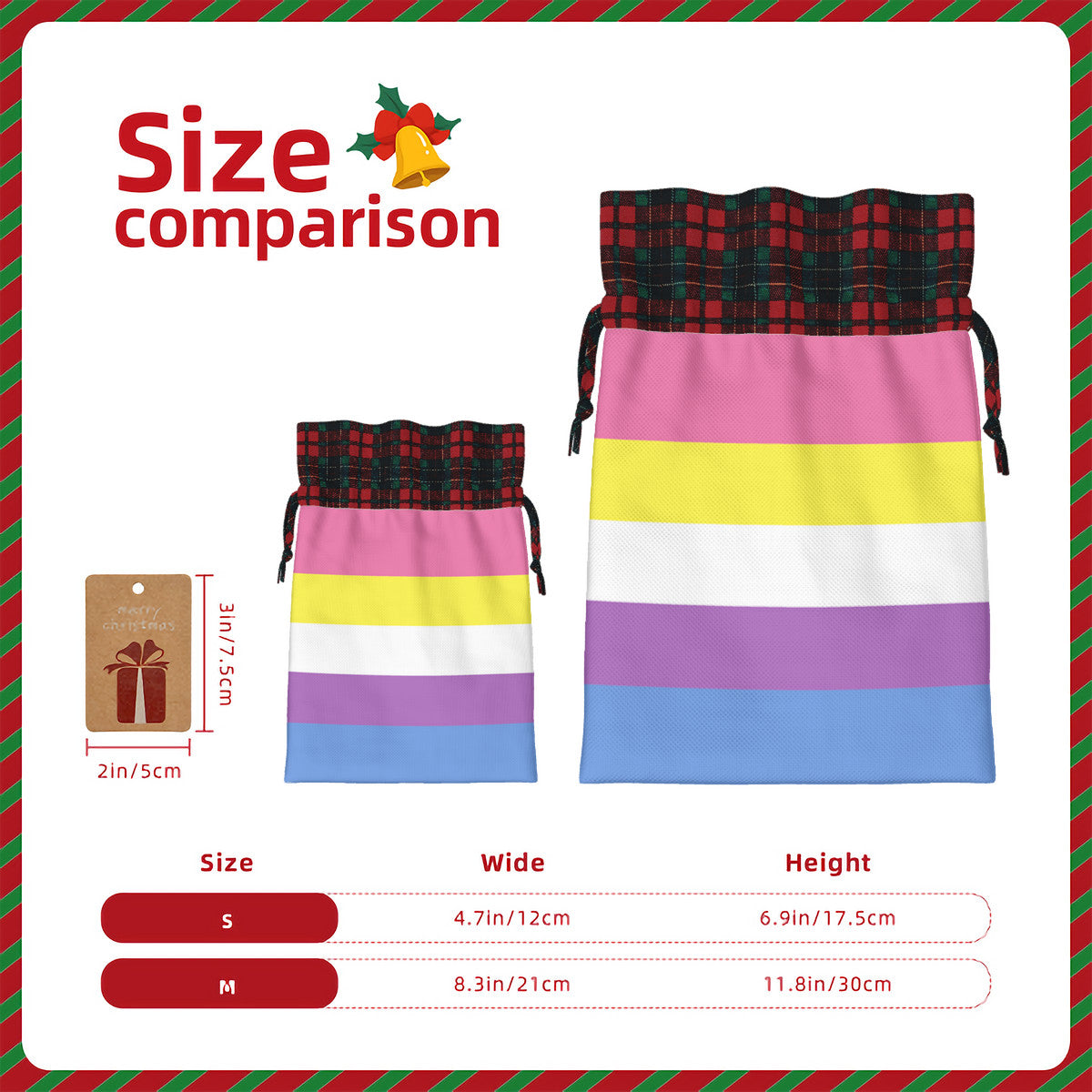 Bigender Pride Flag Plaid Linen Drawstring Gift Bag - Multiple Sizes