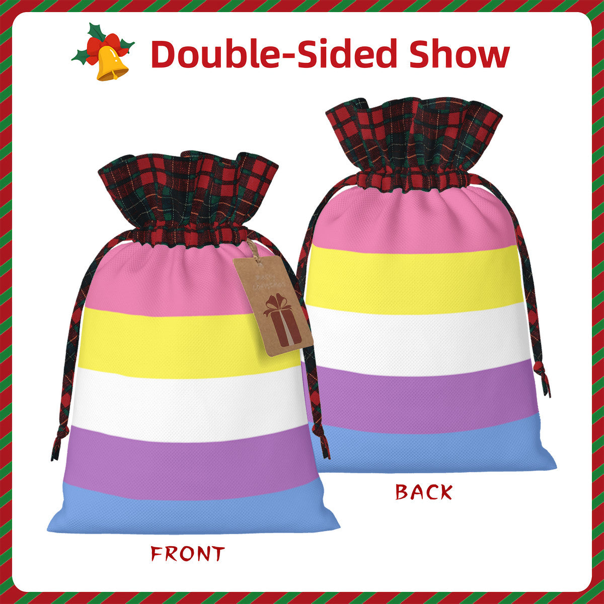 Bigender Pride Flag Plaid Linen Drawstring Gift Bag - Multiple Sizes