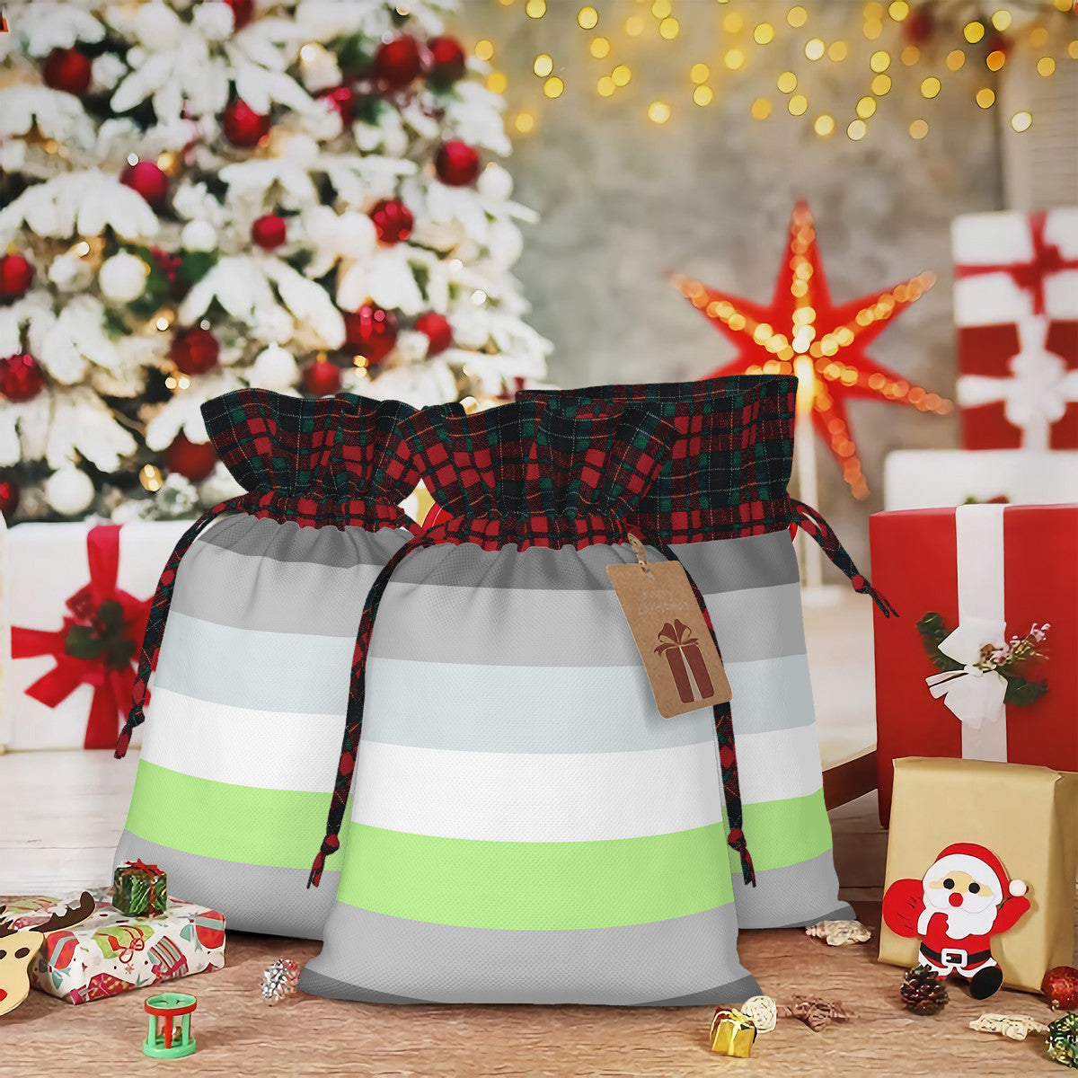 Demiagender Pride Flag Plaid Linen Drawstring Gift Bag - Multiple Sizes