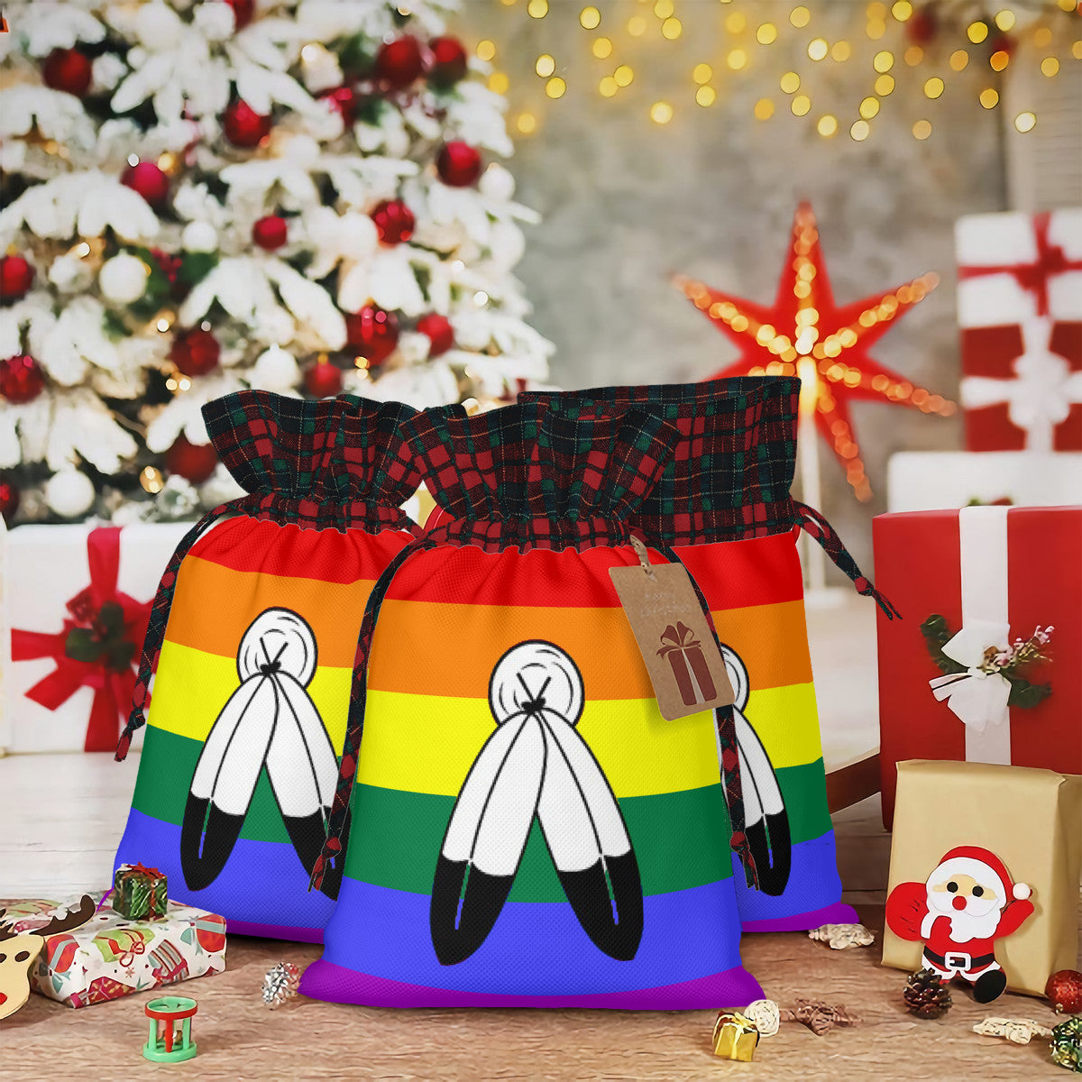 Two-Spirit Pride Flag Plaid Linen Drawstring Gift Bag - Multiple Sizes