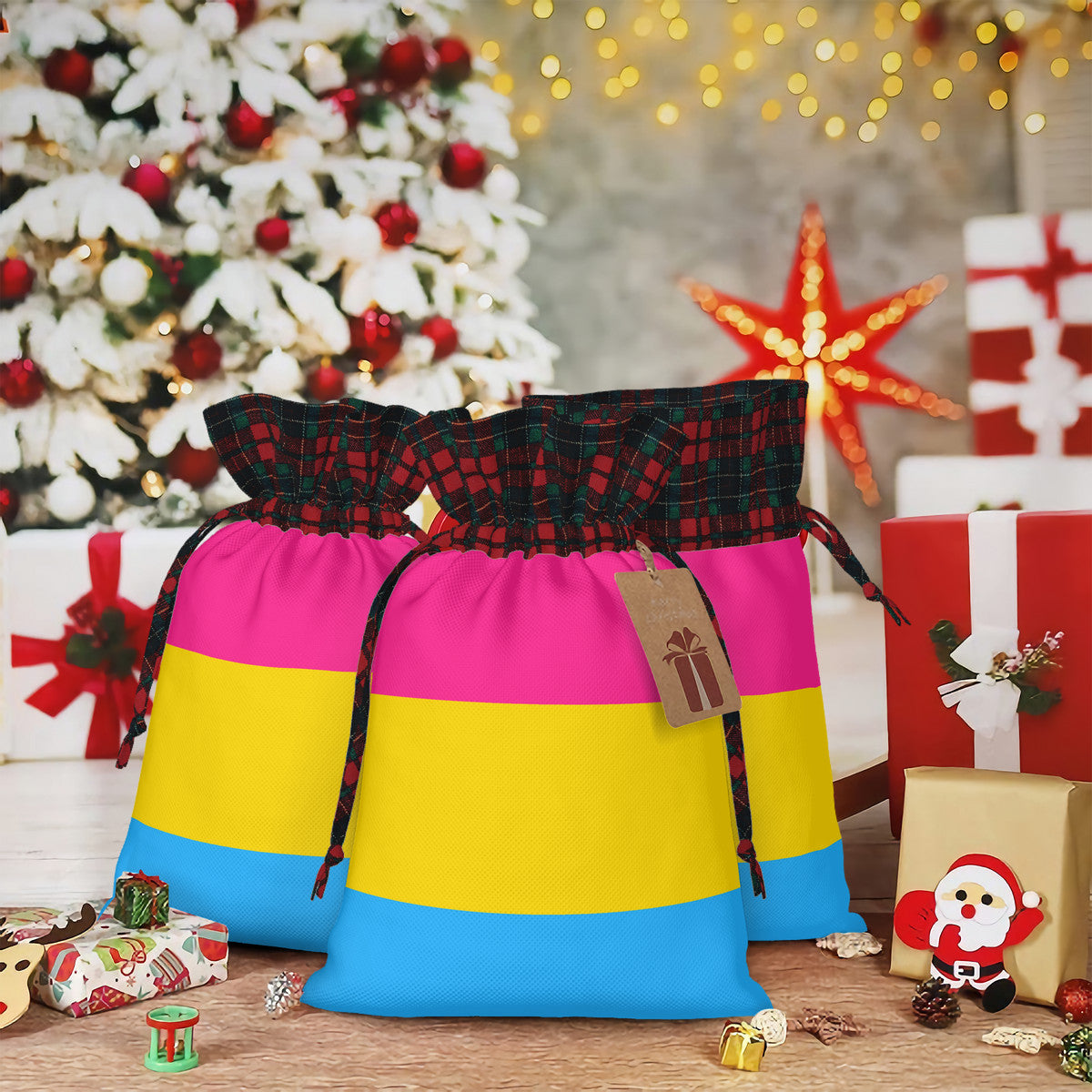 Pansexual Pride Flag Plaid Linen Drawstring Gift Bag - Multiple Sizes