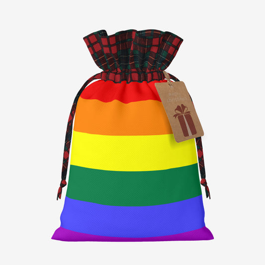 Rainbow Pride Flag Plaid Linen Drawstring Gift Bag - Multiple Sizes