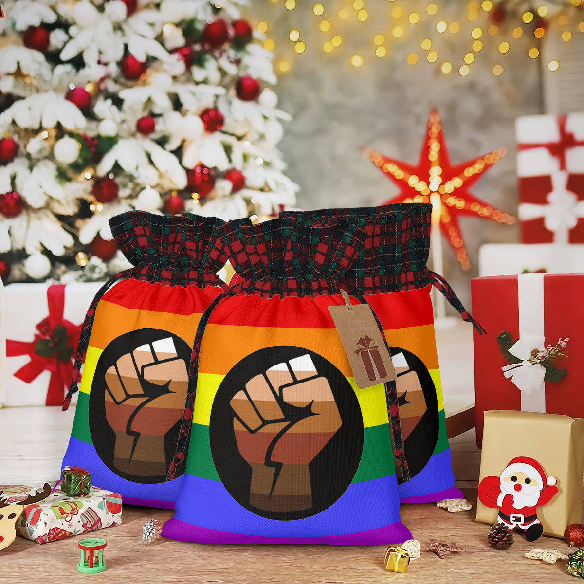 QPOC Pride Flag Plaid Linen Drawstring Gift Bag - Multiple Sizes