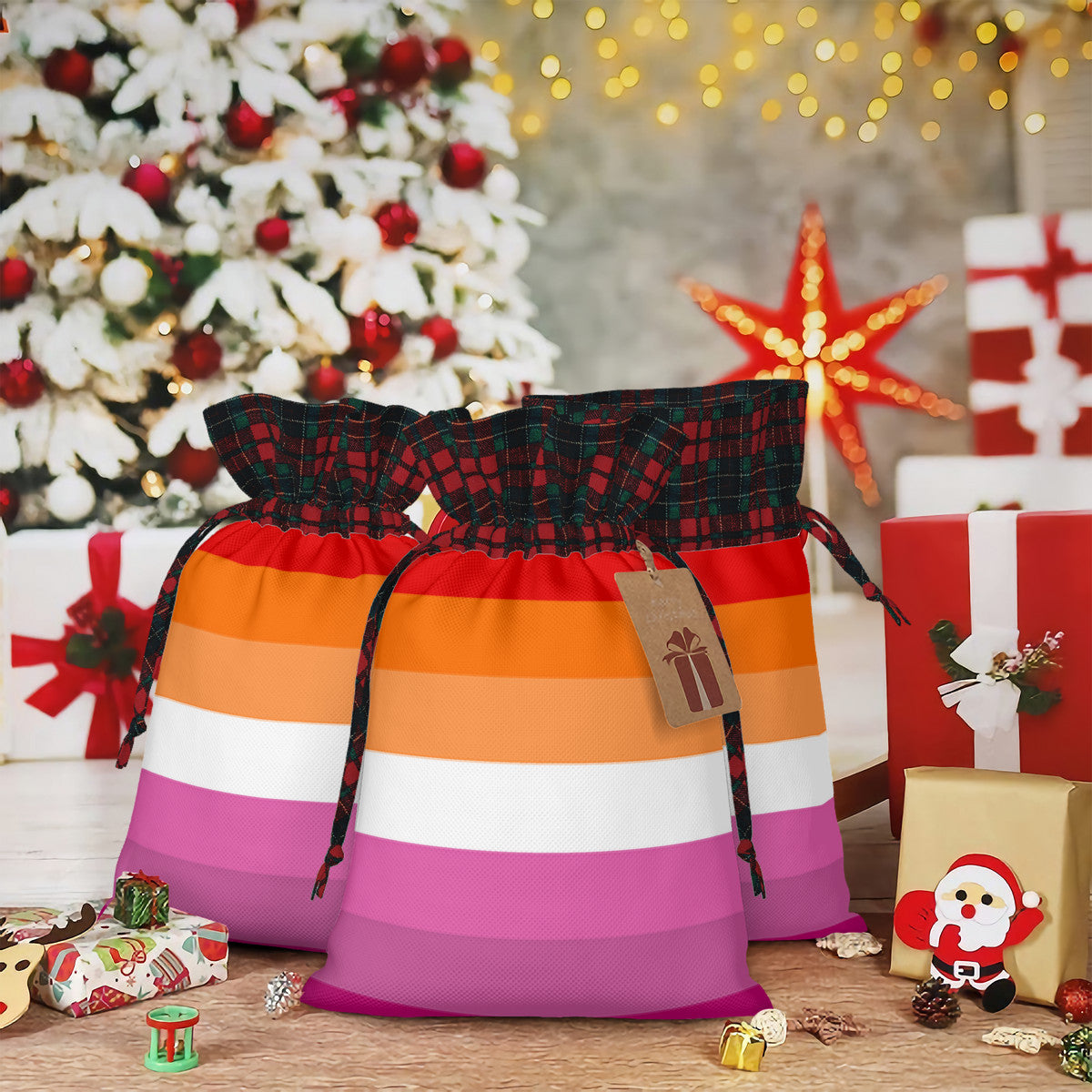 Lesbian Pride Flag Plaid Linen Drawstring Gift Bag - Multiple Sizes